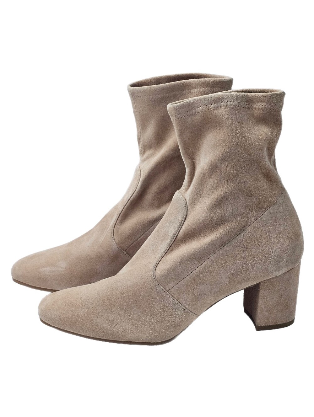 Stuart Weitzman Yuliana 60 Taupe Stretch Suede Sock Booties Block Heel 9.5B NWOB